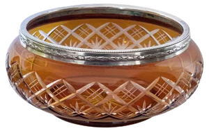 Art Deco Italian Amber and Silver Carved Crystal 800 Vase Bowl, 1930s