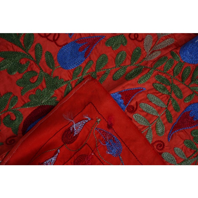 Brick Red Red Uzbek Suzani Embroidered Wall Hanging – Pomegranate, Bird & Horse Boho Textile 3'4'' X 6'2'' For Sale - Image 8 of 12