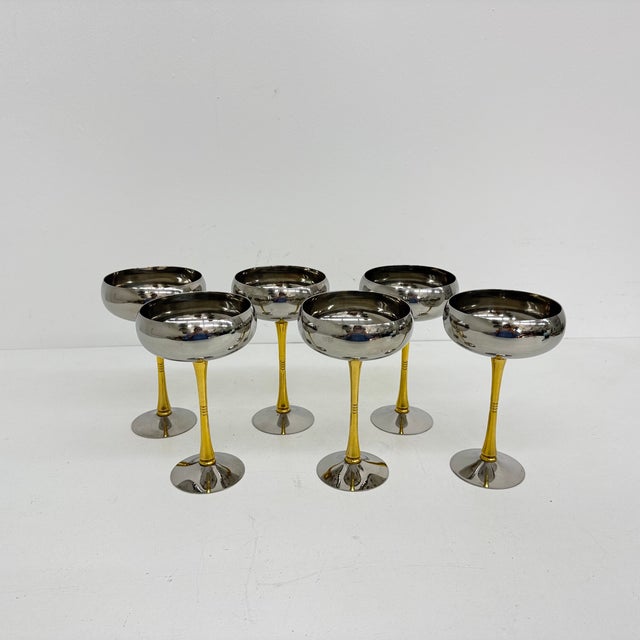 Mid-Century Modern Mid-Century Italian Stainless Steel and Brass Champagne Coupes, 1970s, Set of 6 For Sale - Image 3 of 14