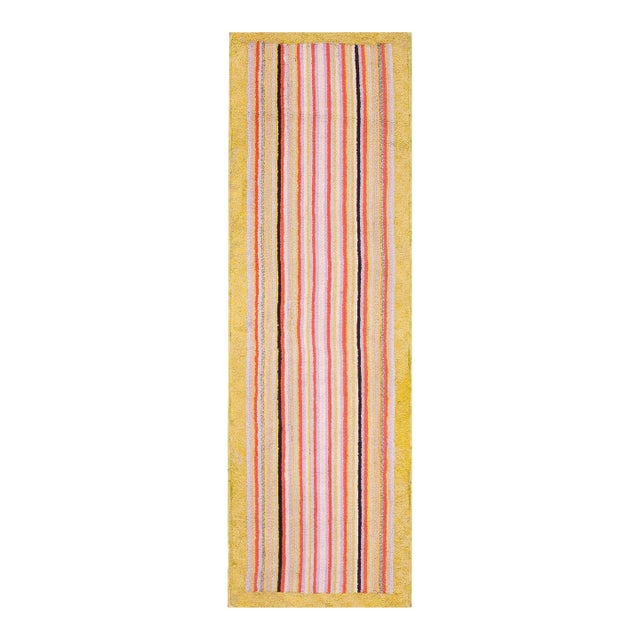 1930s Multicolor Stripe Antique American Hooked Rug 2'3" X 7' Handmade Wool Carpet For Sale