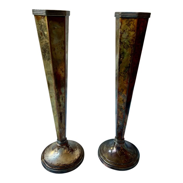 Sheffield Silver Plate Hexagonal Trumpet Vases Pair For Sale