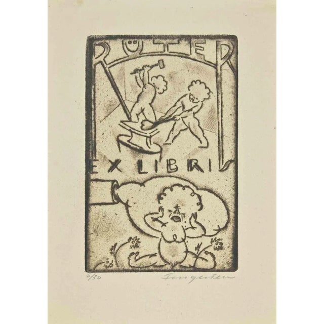 Ex Libris - Ruter is a Woodcut print created by Michel Fingesten. Hand Signed on the lower right margin. Numbered on the...