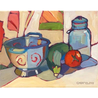 The New Vintage Kitchen - Colorful Modern Still Life With Reflective Colander For Sale