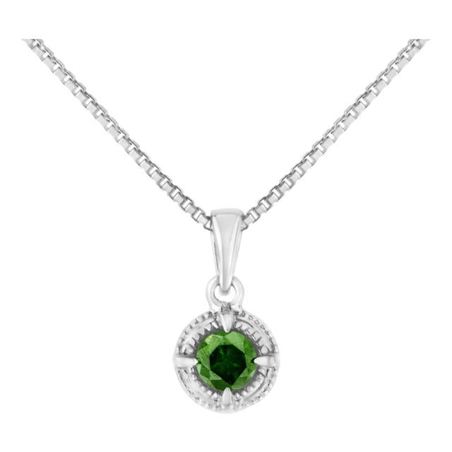 .925 Sterling Silver 1/5 Cttw Treated Green Diamond Solitaire 18" Milgrain Pendant Necklace For Sale
