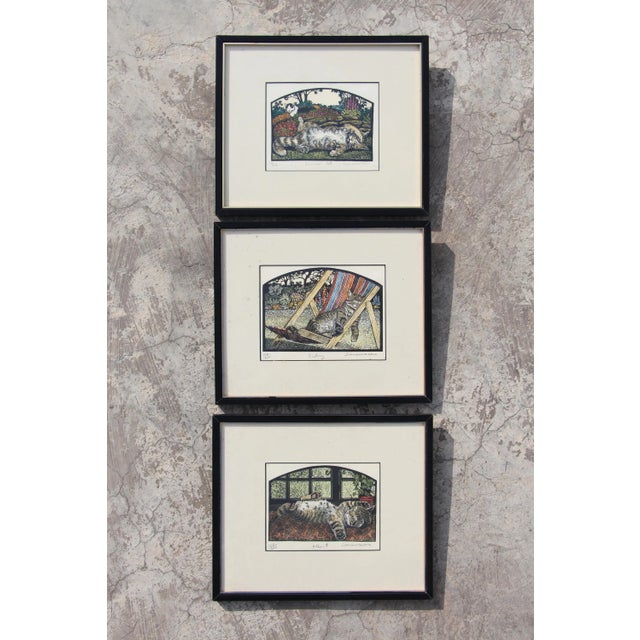 Rama Samaraweera (1926) Set of Three Woodblock Prints Depicting Cats For Sale - Image 13 of 13