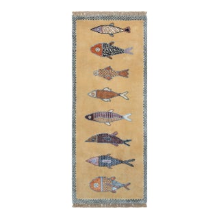 Koi Fish Yellow Hand Knotted Runner Rug 2.6x12Ft. For Sale