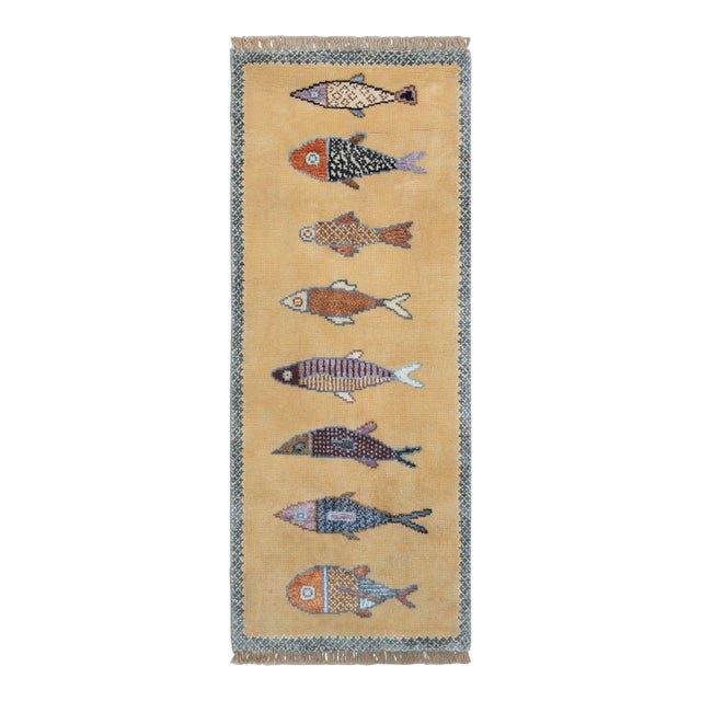 Koi Fish Yellow Hand Knotted Runner Rug 2.6x12Ft. For Sale
