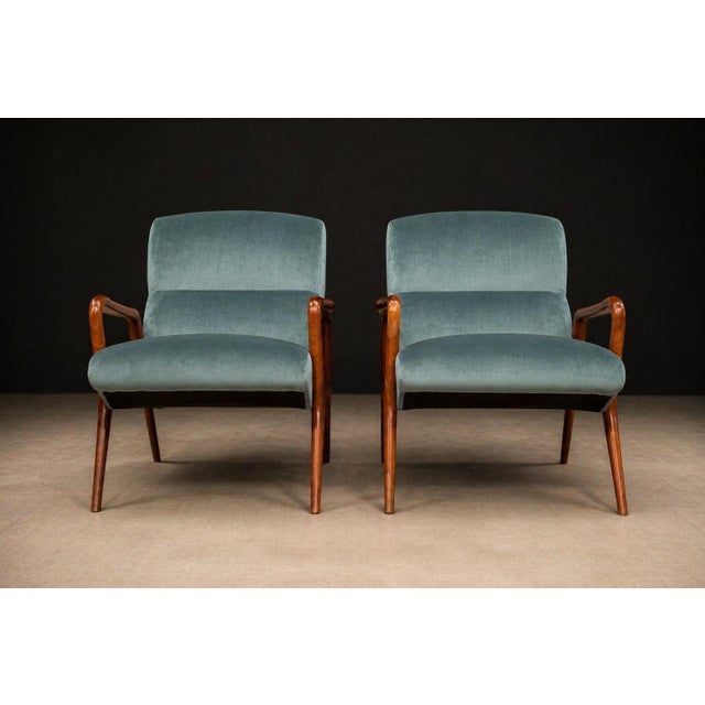 Giuseppe Scapinelli Armchairs, Brazil, 1950s — Sculpted Caviúna Frames in Dusty Teal Velvet Upholstery For Sale - Image 14 of 18