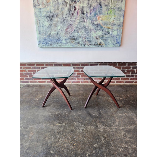 Mid-Century Modern Pair Forest Wilson Walnut & Glass End Side Tables MCM Vintage For Sale - Image 3 of 10