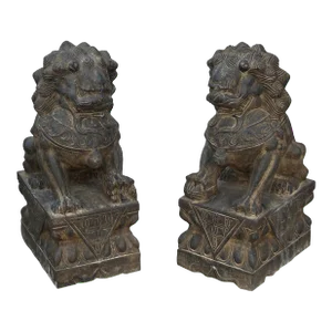 15" Pair Chinese Rustic Stone Fengshui Foo Dogs Lions Statue