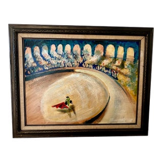 Mid-Century Madrid Matador: Vibrant 1960s Signed Oil Arena Painting For Sale