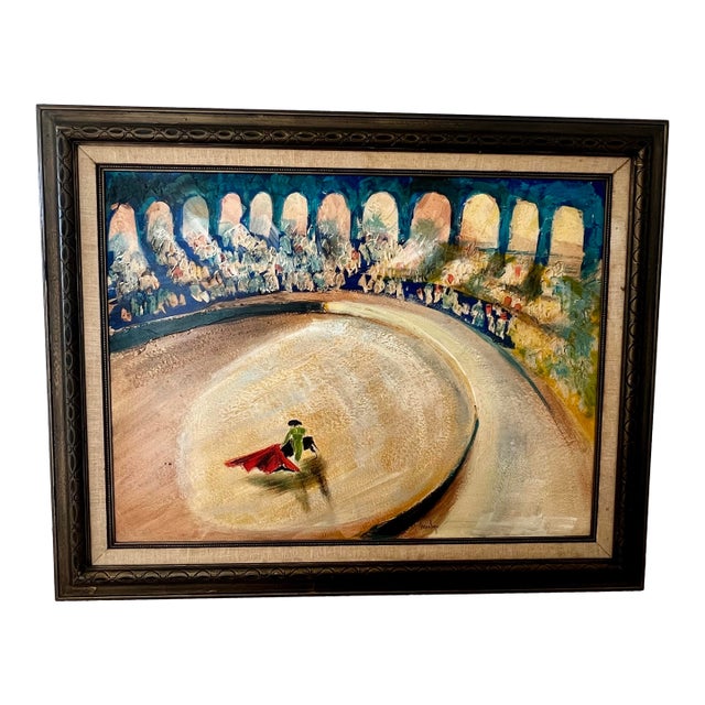 Mid-Century Madrid Matador: Vibrant 1960s Signed Oil Arena Painting For Sale