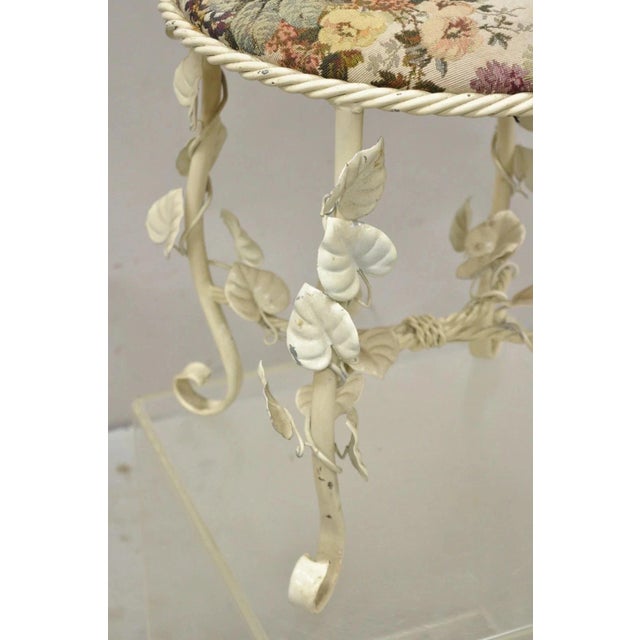Vintage Italian Hollywood Regency White Metal Rope Floral Vanity Bench Stool For Sale - Image 4 of 11