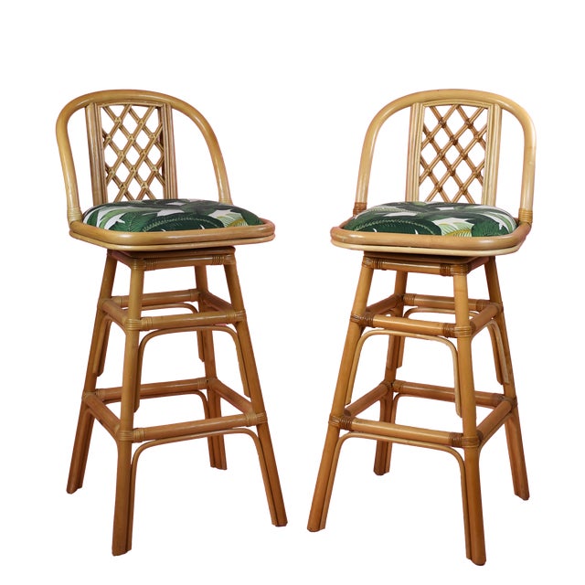 1990s Pair of Swivel Rattan Bar Stools For Sale