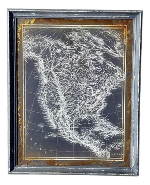 19th Century Monochrome Cartographic Map of North America, Framed