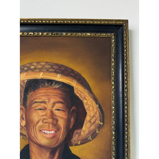 70's Vintage Oil Portrait Painting of Chinese Man With Hat For Sale - Image 9 of 11