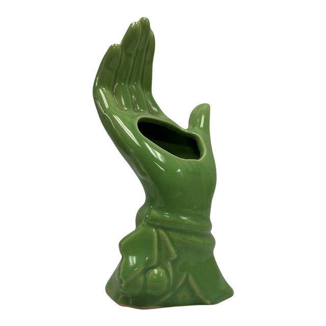 Vintage Mid-Century Surrealist Ceramic Hand Vase & Planter - Chartreuse Green For Sale