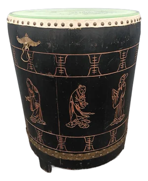 1950's Asian Chinoiserie Leather/ Carved Glass Top Carved Wood Drum/ Side Table
