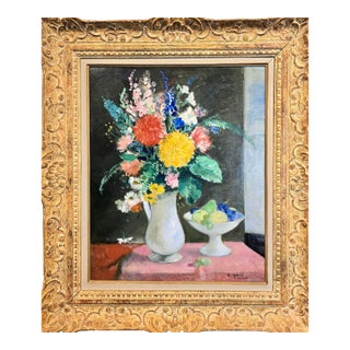 François Gall -Bouquet of Flower & a Fruits Bowl -1930s Still Life Oil Painting For Sale