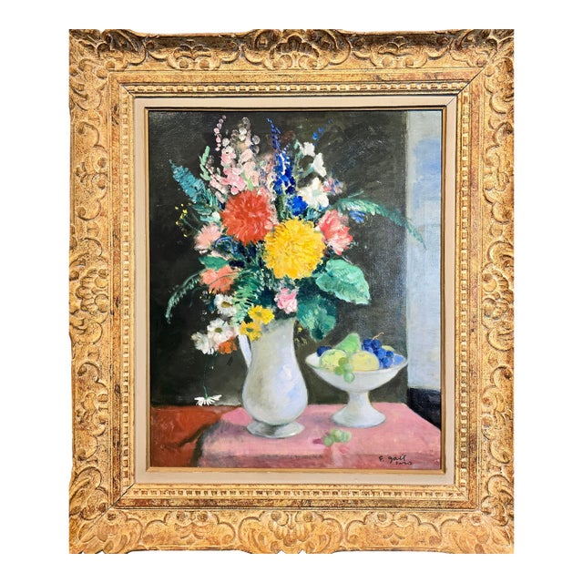 François Gall -Bouquet of Flower & a Fruits Bowl -1930s Still Life Oil Painting For Sale