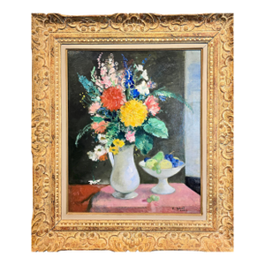 François Gall -Bouquet of Flower & a Fruits Bowl -1930s Still Life Oil Painting