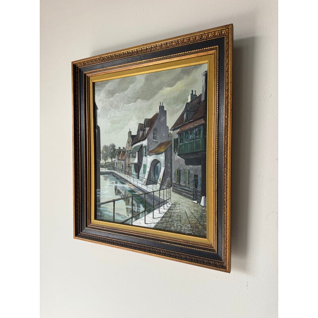 1960’s Frank European Town Landscape Scene Oil on Canvas Painting, Framed For Sale - Image 4 of 11
