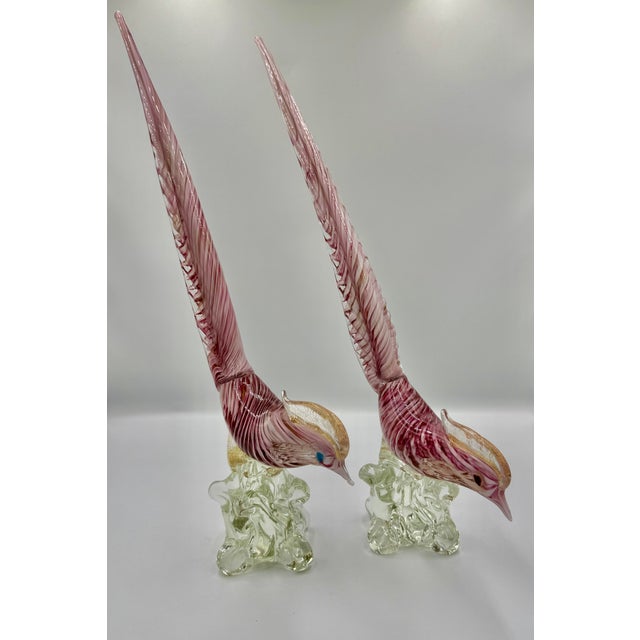 Mid-Century Modern Pair of Vintage Italian Murano Pink Blown Glass Pheasant-Form Bird Sculptures For Sale - Image 3 of 6