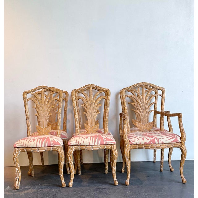 Vintage Carved Faux Bois Dining Chairs in Quadrille Palm Print For Sale - Image 10 of 12