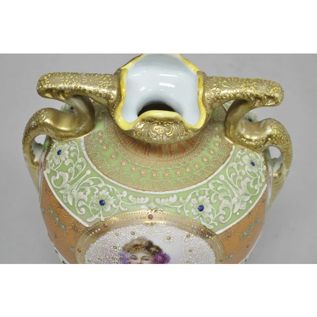 Antique Nippon Hand Painted Porcelain Green Moriage Twin Handle Portrait Vase For Sale In Philadelphia - Image 6 of 17
