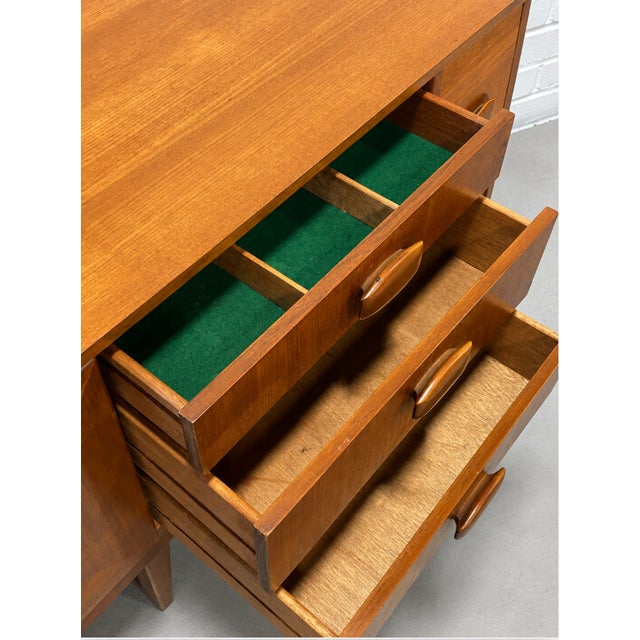 Mid Century Modern Teak Credenza by Stonehill | Long Sideboard With Funky Sculpted Pulls and Sled Legs, Made in England, C. 1960’s For Sale - Image 15 of 18