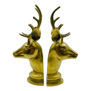 Mid 20th Century Hollywood Regency Style Brass Stag Bust Bookends - a Pair