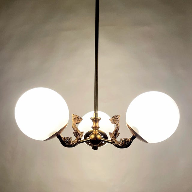 Maison Lancel French Brass Dolphin / Dauphin Sconces and Chandelier With Glass Shades For Sale - Image 4 of 11