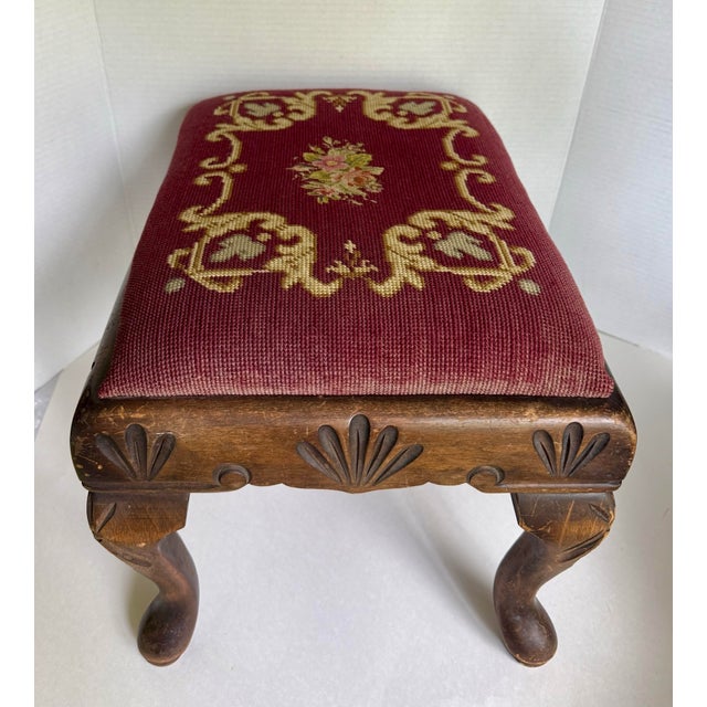 Antique English Needlepoint Footstool With Carved Queen Anne Style Legs For Sale In Los Angeles - Image 6 of 11