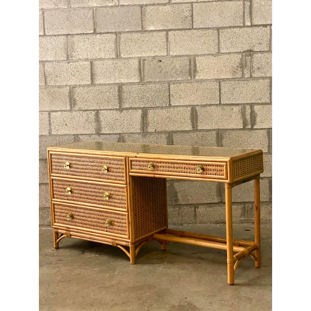 Vintage Coastal Woven Rattan Desk With Attached Chest of Drawers | Chairish