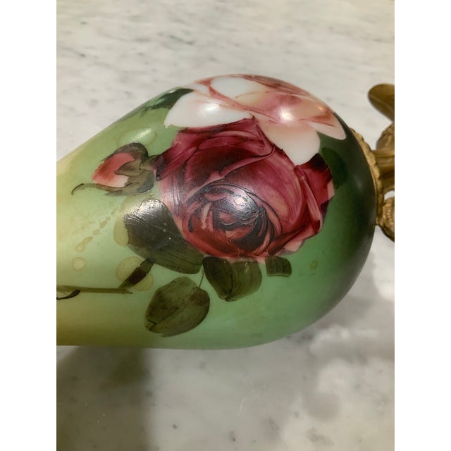 Green Pair Antique Hand‑Painted Porcelain & Brass Mantel Ewers / Garniture / Roses Motif For Sale - Image 8 of 10