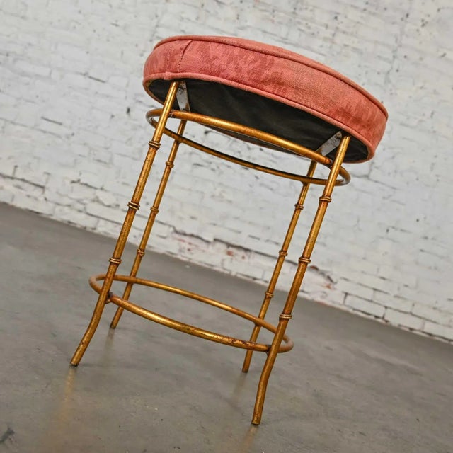 Mid-20th Century Italian Style Round Stool With Rose Damask Seat & Gilt Metal Faux Bamboo Legs For Sale - Image 6 of 13