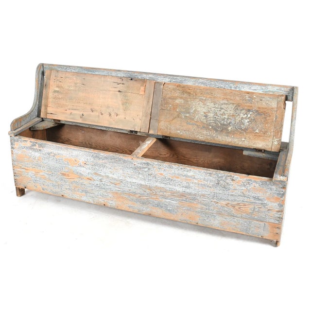 19th Century Light Blue Paint Pine Settle Bench With Storage, 19th Century For Sale - Image 5 of 7