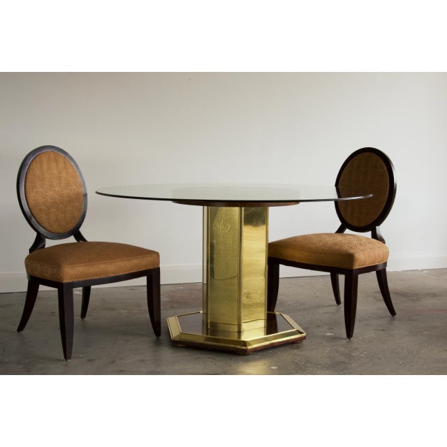 Mid-Century Modern 6 Person Henredon Brass & Burl Wood Hexagonal Pedestal Dining Table With Glass Top, Mid-Century For Sale - Image 3 of 7