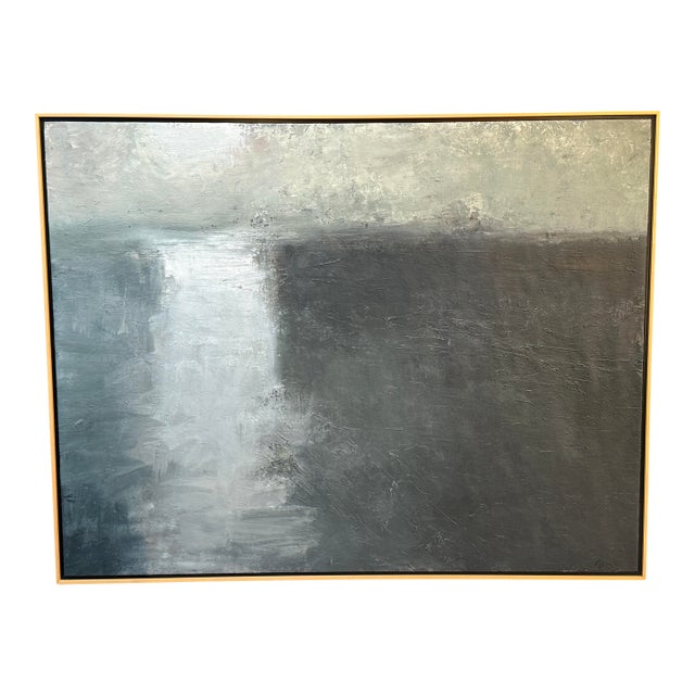 Piotr Strelnik Figurative Muted Blue Landscape Painting, Signed For Sale