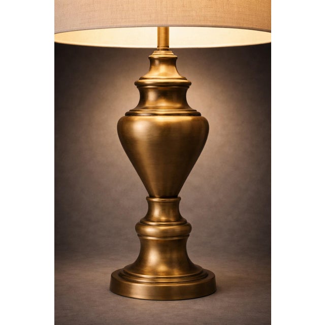 Vintage Antiqued Brass Urn Table Lamp With Linen Drum Shade – 28” Traditional Neoclassical Lighting For Sale - Image 4 of 9