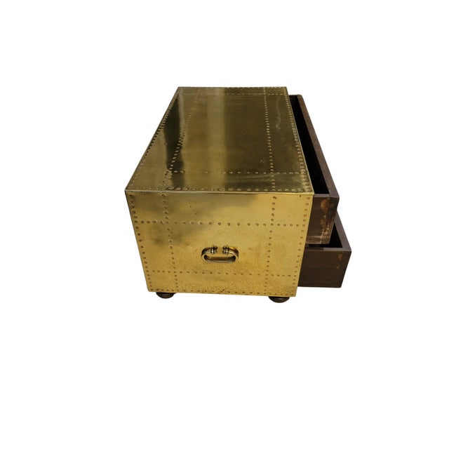 Wood 1970s Brass-Clad Riveted Campaign Trunk Coffee Table / 2-Drawer Chest For Sale - Image 7 of 11
