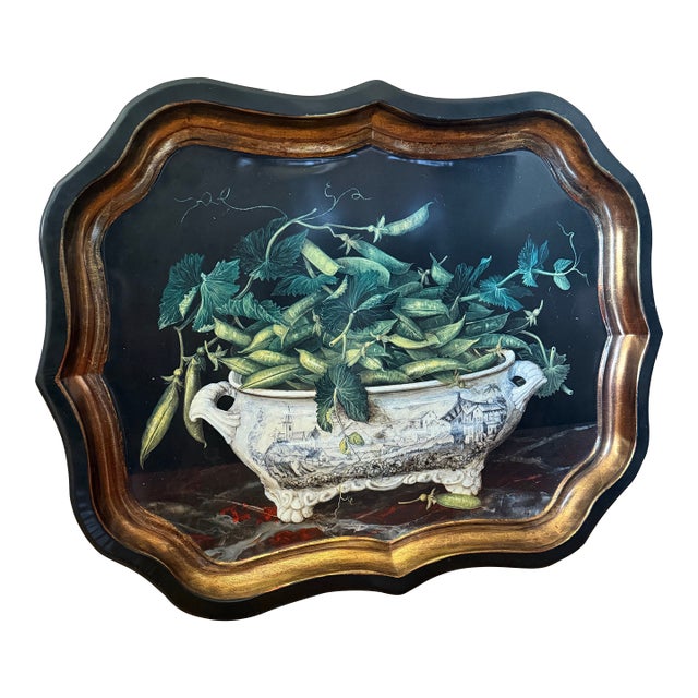 Metal Tole "Peas in Bowl" English Decorative Large Tray For Sale