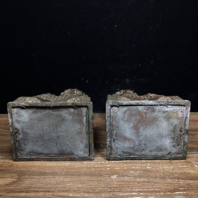 Late 19th Century Pair of Vintage Bronze Guardian Lion Statues on Decorative Bases For Sale - Image 5 of 9