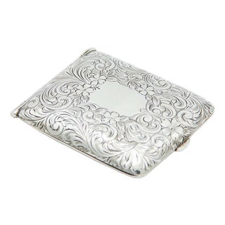 Rectangular Silver Cigarette Case with Engraved Floral Motifs, Monogram Card and Spring Lid For Sale