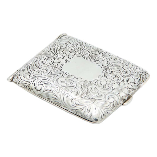 Rectangular Silver Cigarette Case with Engraved Floral Motifs, Monogram Card and Spring Lid For Sale