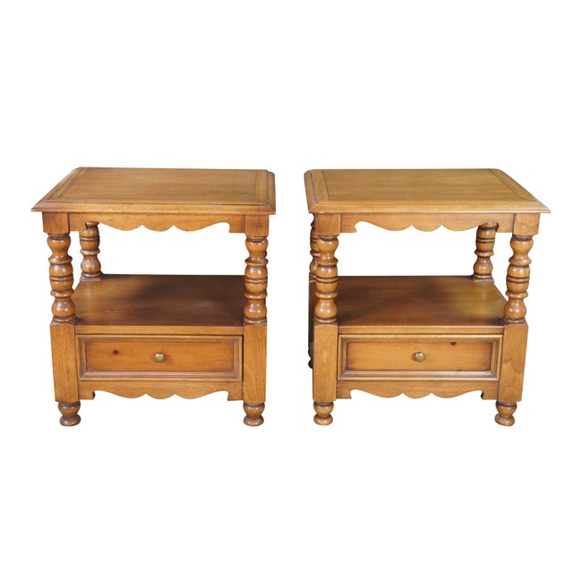 Pair of 1960s Drexel Treasury Collection Nightstands. Made from pine and maple in American Colonial / 18th Century...