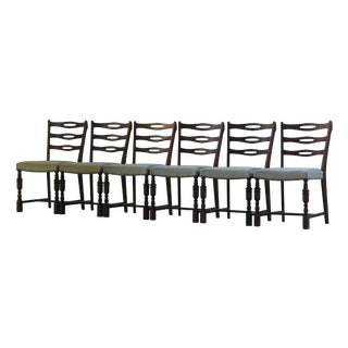 Brutalist Dark Oak Chairs in Light Upholstery, Denmark, 1960s, Set of 6 For Sale