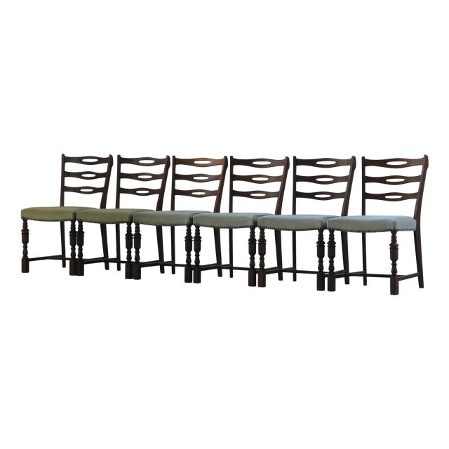 Brutalist Dark Oak Chairs in Light Upholstery, Denmark, 1960s, Set of 6 For Sale