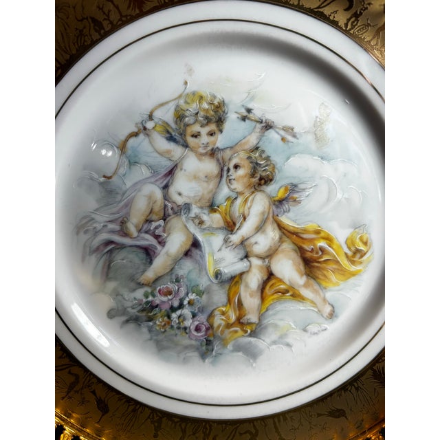 1960s Vintage Limoges Porcelain Hand Painted Dresser Box and Tray ~ Cherubs Ornate Gold & Bronze Edges For Sale - Image 5 of 12