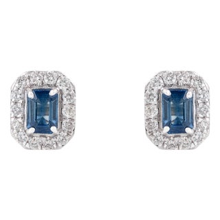 Timeless Emerald-Cut Blue Sapphire & Diamond Halo Stud Earrings 14k White Gold For Sale